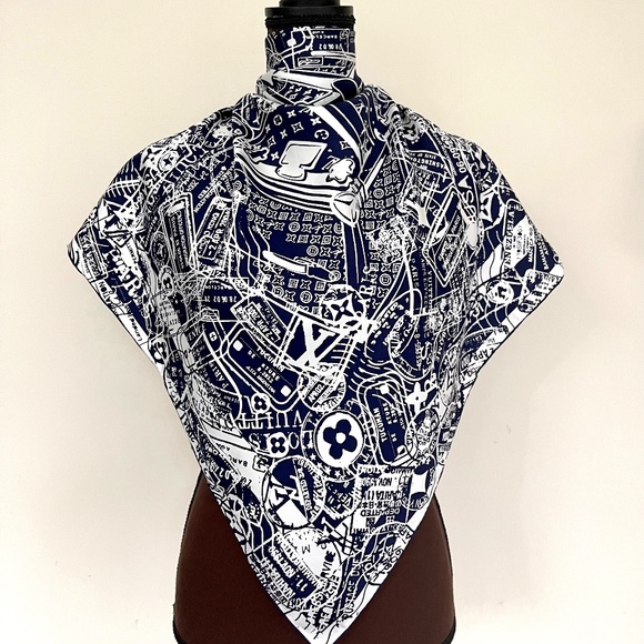 New Louis Vuitton Scarf Luggage Travel Stamps Blue Silk Scarf Wrap - Picture 2 of 14